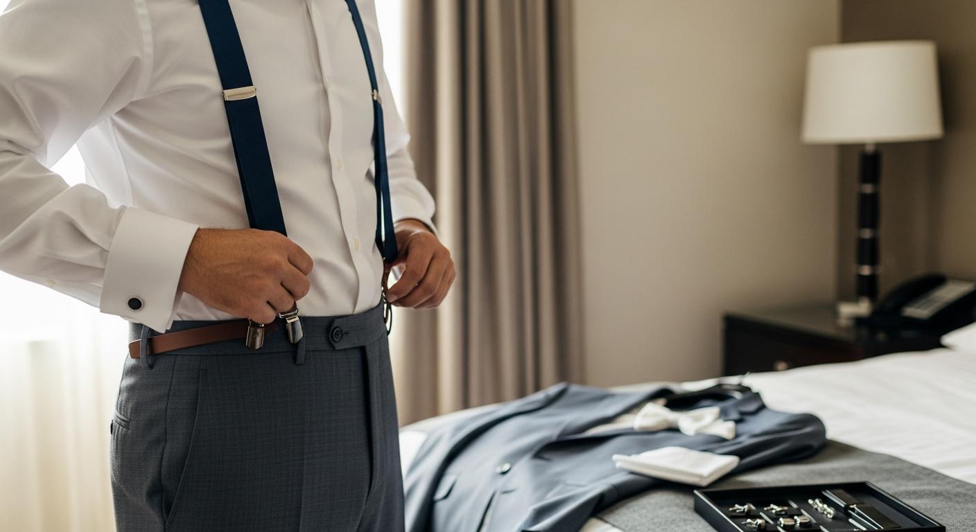Homme en chemise blanche ajustant des bretelles bleu marine avec attaches en cuir, dans une chambre lumineuse avant un mariage Image