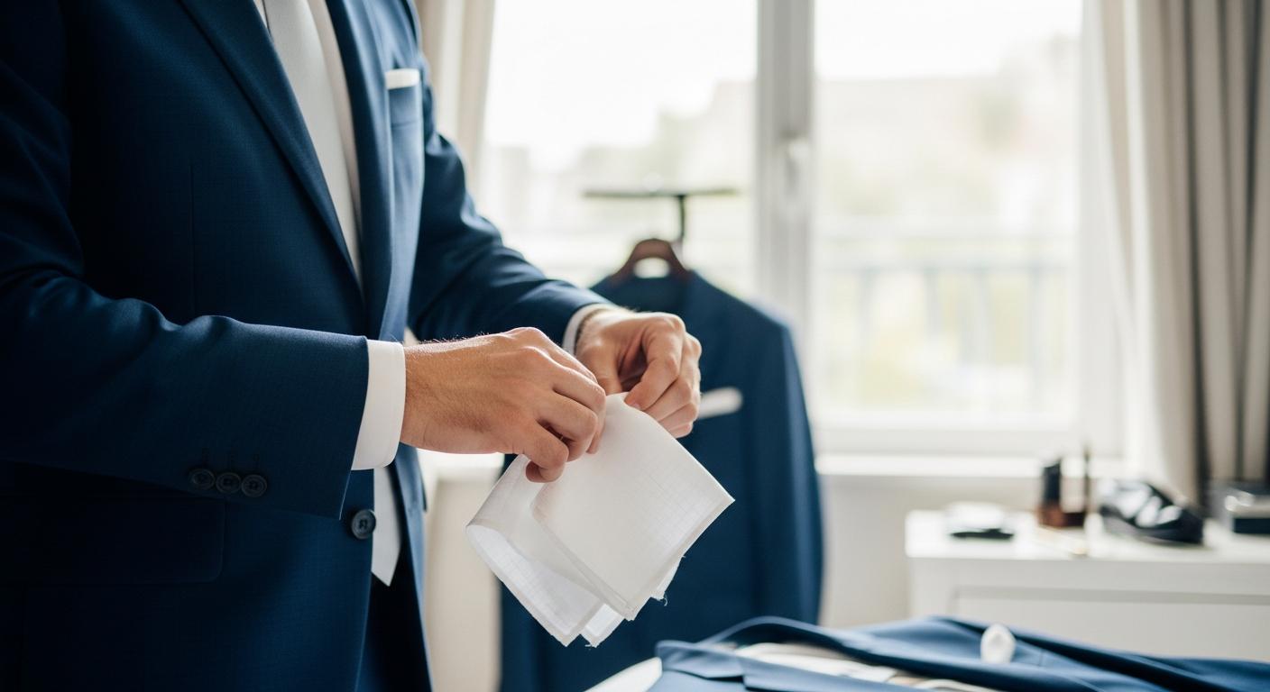 Mains d’un homme en costume bleu marine pliant une pochette blanche en lin avant une cérémonie Image
