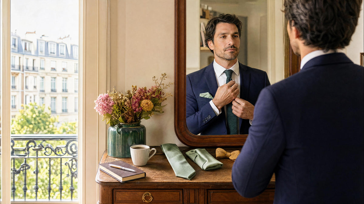 Homme en blazer bleu marine ajustant sa cravate, avec une pochette de costume et des accessoires vert sauge posés sur une commode, ambiance rentrée au bureau.