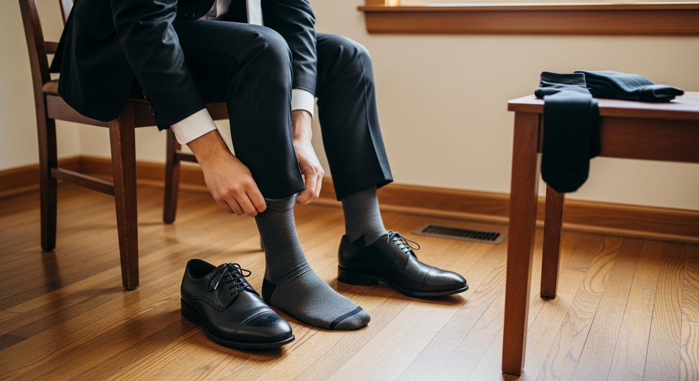 Homme en costume noir ajustant une chaussette habillée gris anthracite, chaussures en cuir noir, lumière naturelle et décor intérieur sobre Image