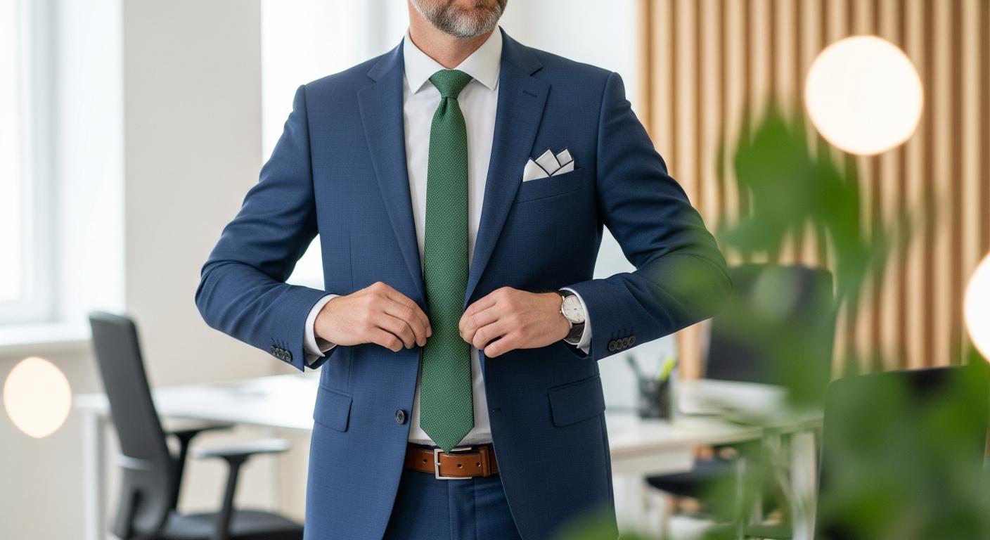Homme en costume bleu marine portant une cravate vert forêt et une chemise blanche dans un bureau lumineux Image