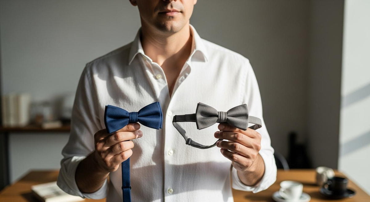 Homme en chemise blanche comparant un nœud papillon à nouer et un modèle ajustable dans un intérieur lumineux