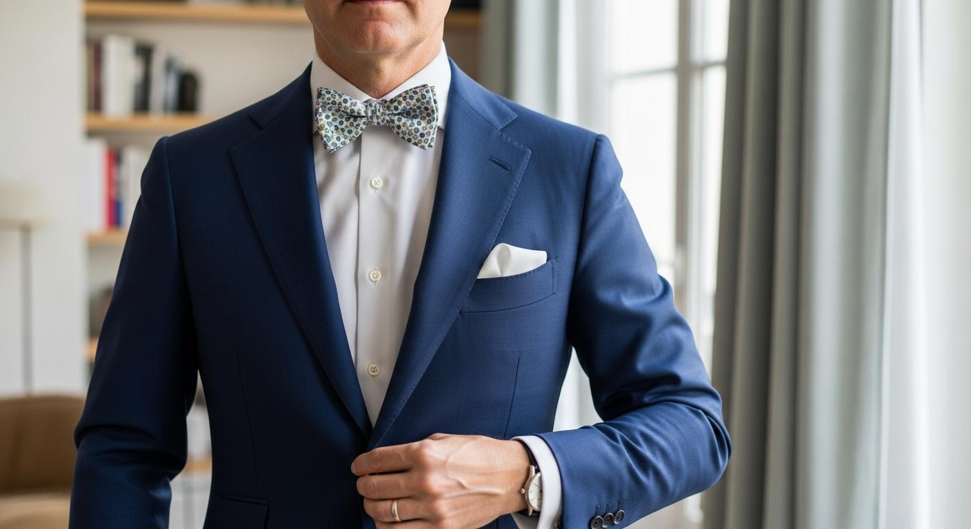 Homme en costume bleu marine portant un nœud papillon liberty avec chemise blanche, photographié en lumière naturelle dans un intérieur élégant Image