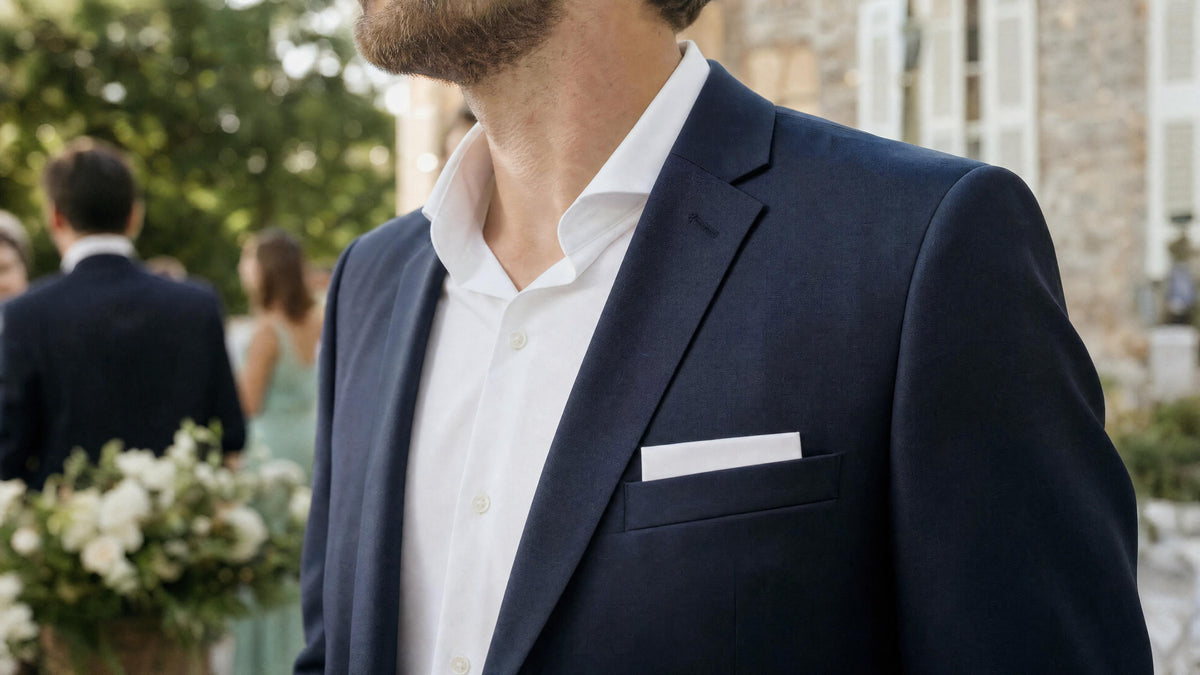 Homme en costume avec pochette de costume pour mariage, style élégant et formel. Image