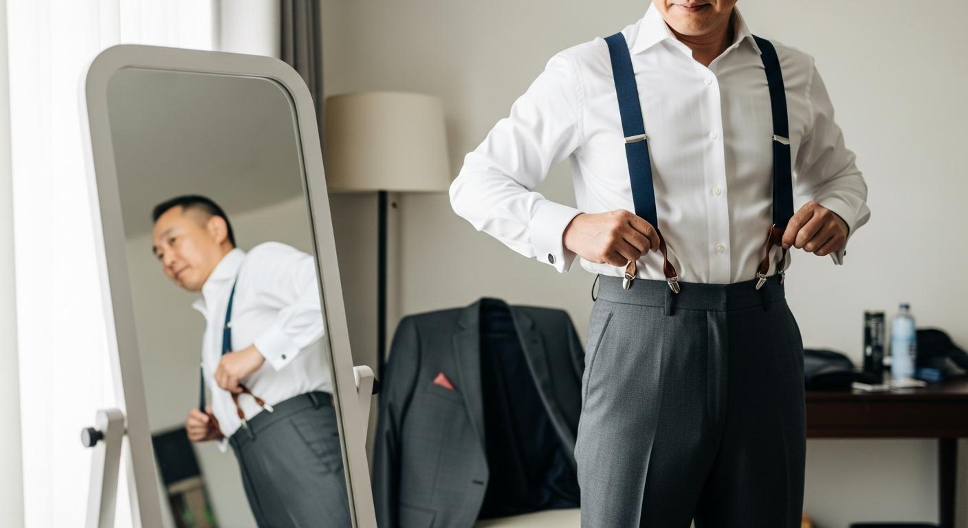 Homme en chemise blanche réglant ses bretelles bleu marine devant un miroir, avec pantalon de costume gris taille haute, dans une pièce lumineuse Image