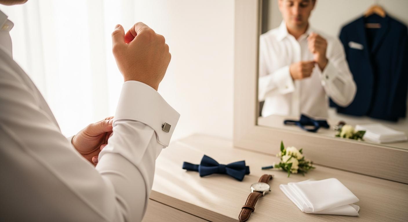 Homme en chemise blanche ajustant des boutons de manchette avant un mariage, accessoires posés sur une commode Image