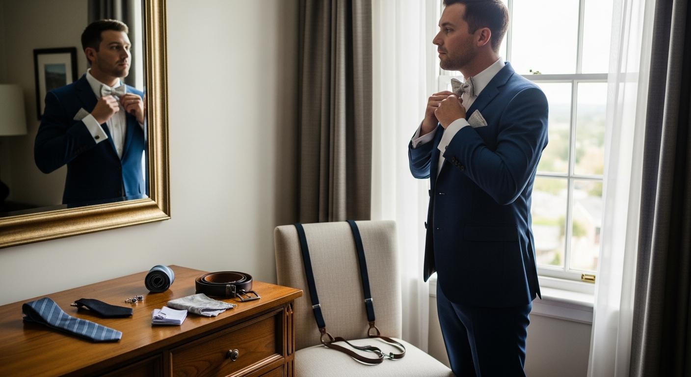 Témoin ajustant son nœud papillon devant un miroir, costume bleu marine et accessoires assortis, dans une chambre d’hôtel avant un mariage
