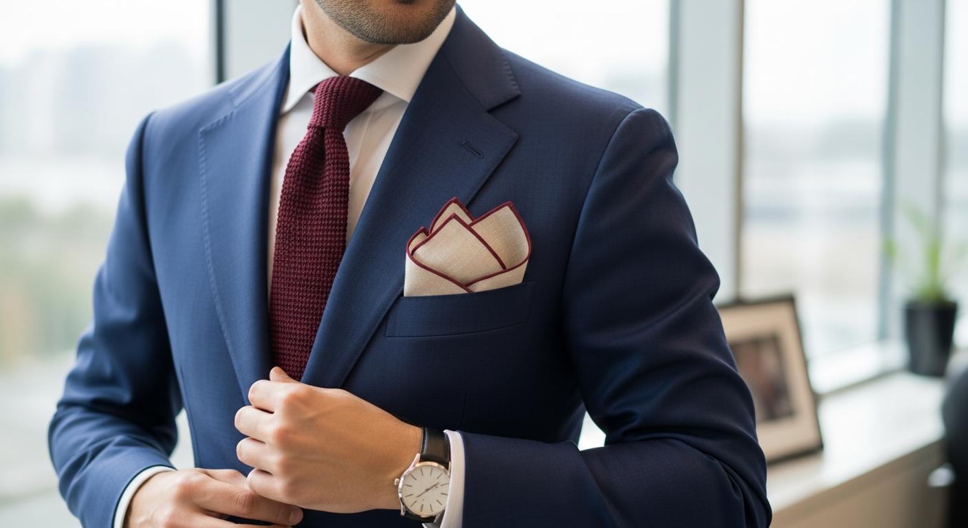 Homme en costume bleu marine avec chemise blanche et cravate bordeaux, portant une pochette en lin écru à liseré bordeaux dans la poche poitrine, lumière naturelle en bureau Image