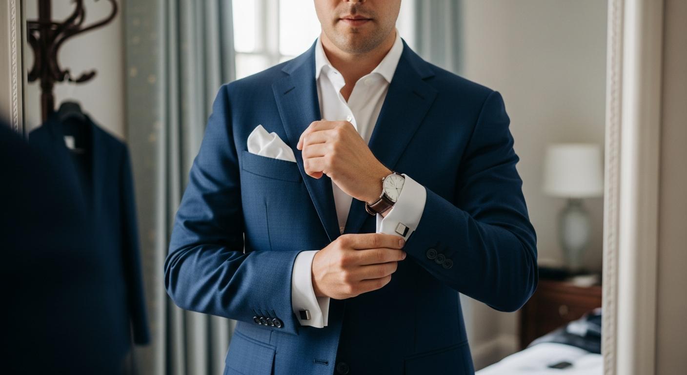 Homme en costume bleu marine ajustant des boutons de manchette argentés sur une chemise blanche, devant un miroir en lumière naturelle Image
