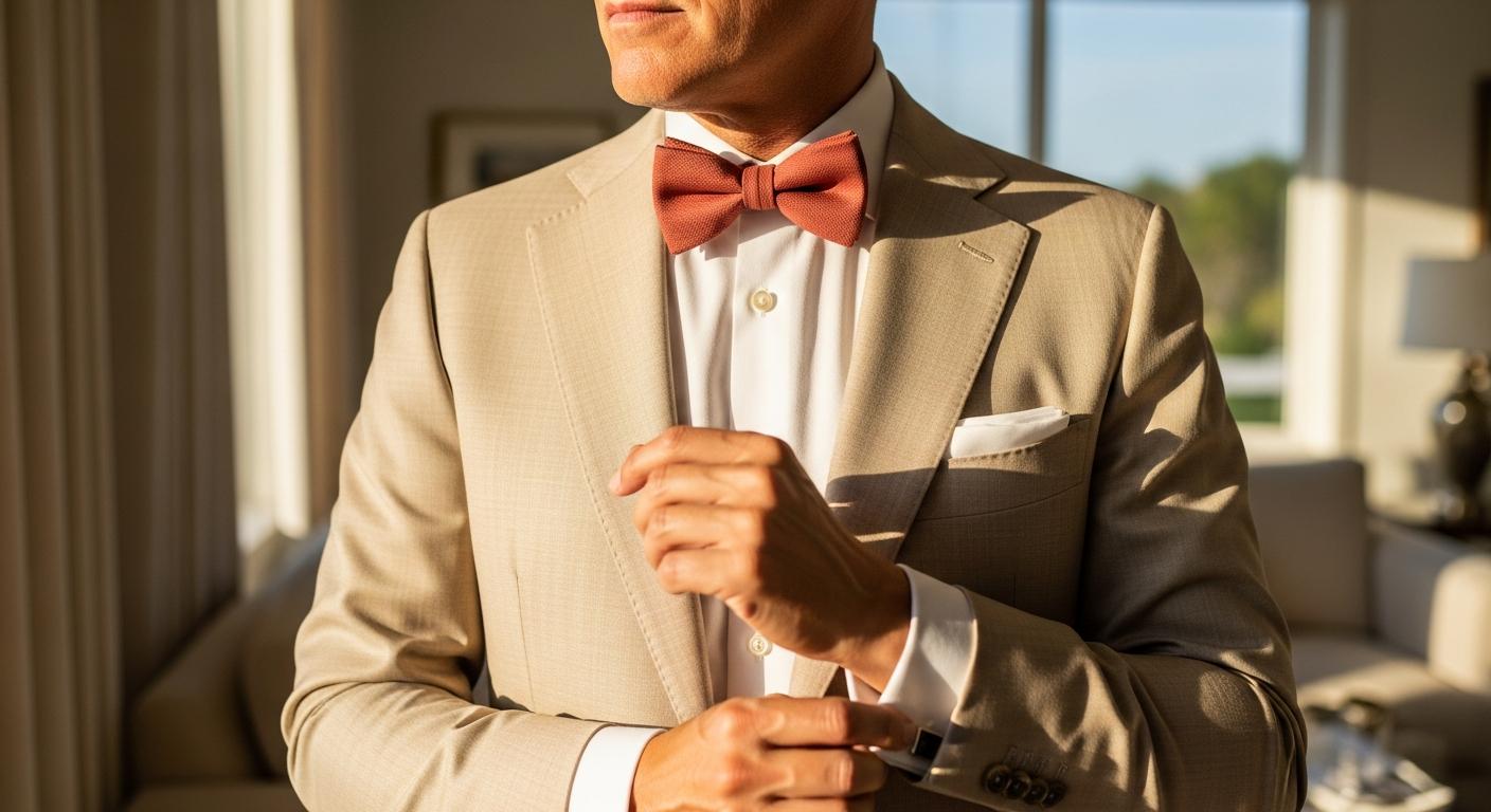 Homme en costume beige avec chemise blanche portant un nœud papillon terracotta dans une lumière douce, ambiance élégante et naturelle Image