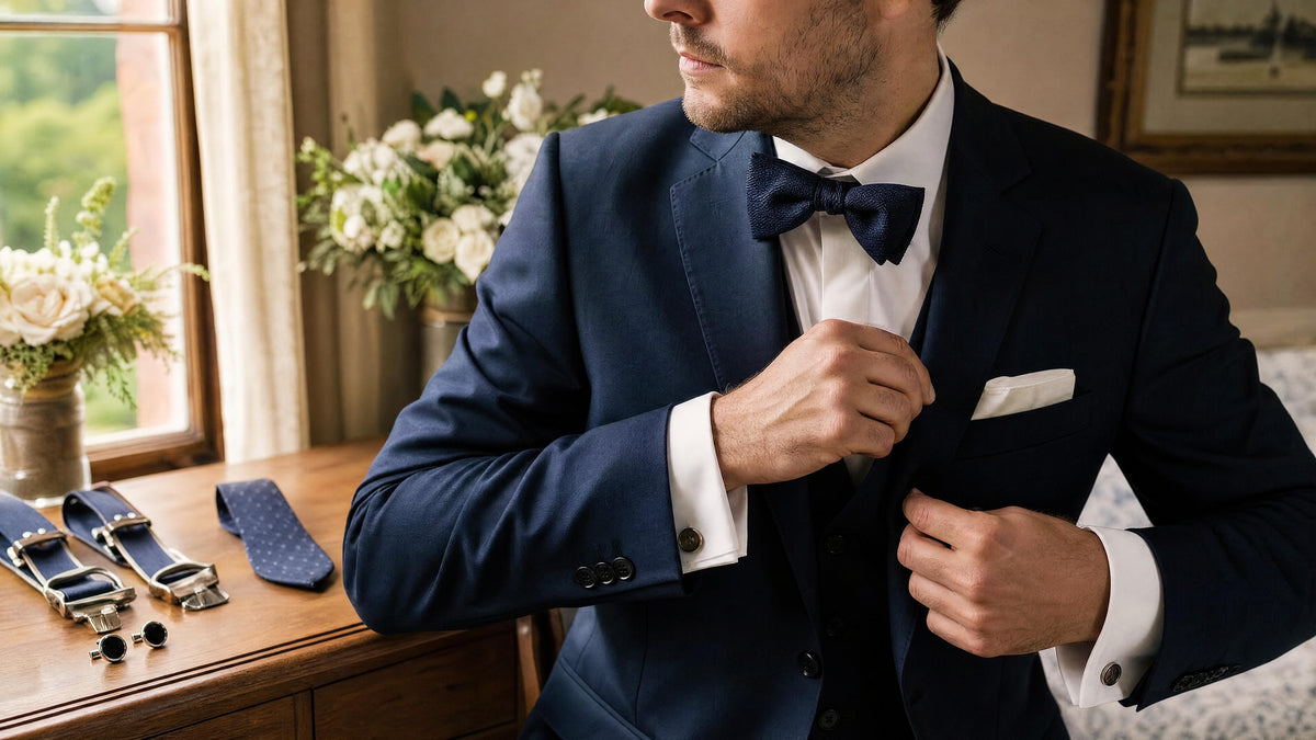 Homme en costume ajustant son nœud papillon et sa pochette lors des préparatifs d’un mariage Image