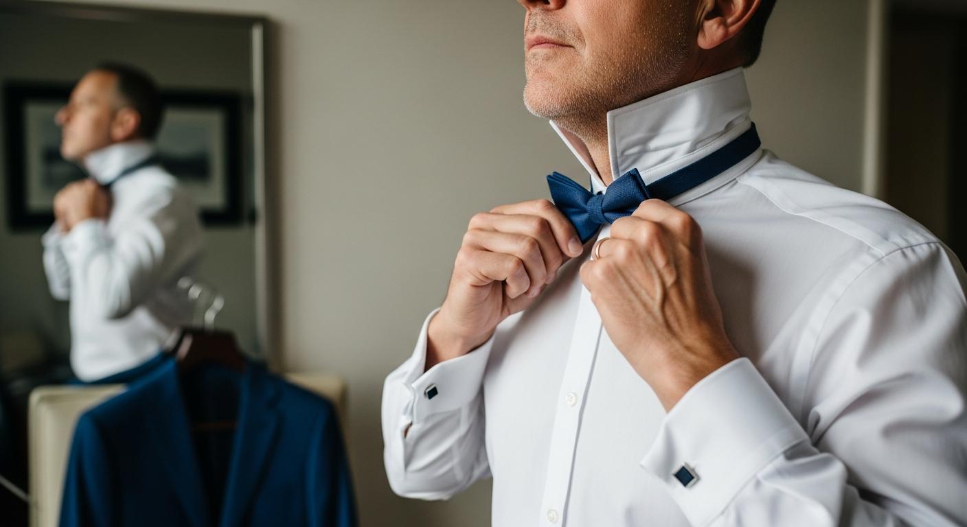 Homme ajustant un nœud papillon devant un miroir, en chemise blanche, pour illustrer le choix selon la morphologie Image