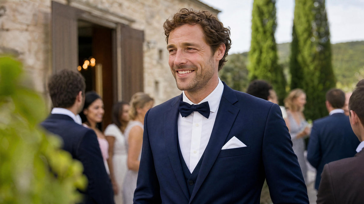 Homme en tenue de mariage avec accessoires assortis à un costume bleu marine. Image