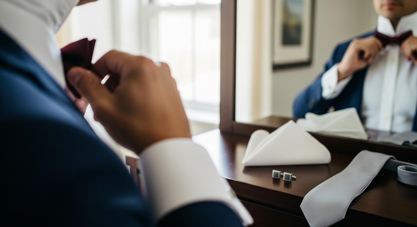 Homme en costume bleu marine ajustant un nœud papillon bordeaux devant un miroir, avec accessoires de mariage posés sur une commode Image