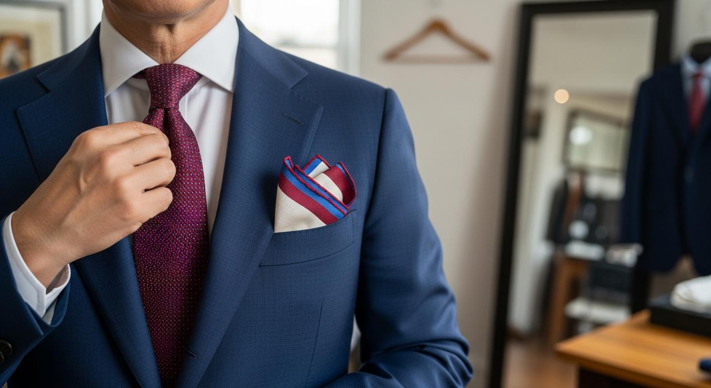 Homme en costume bleu marine avec cravate bordeaux et pochette en lin ivoire assortie, photographié en lumière naturelle près d’une fenêtre Image