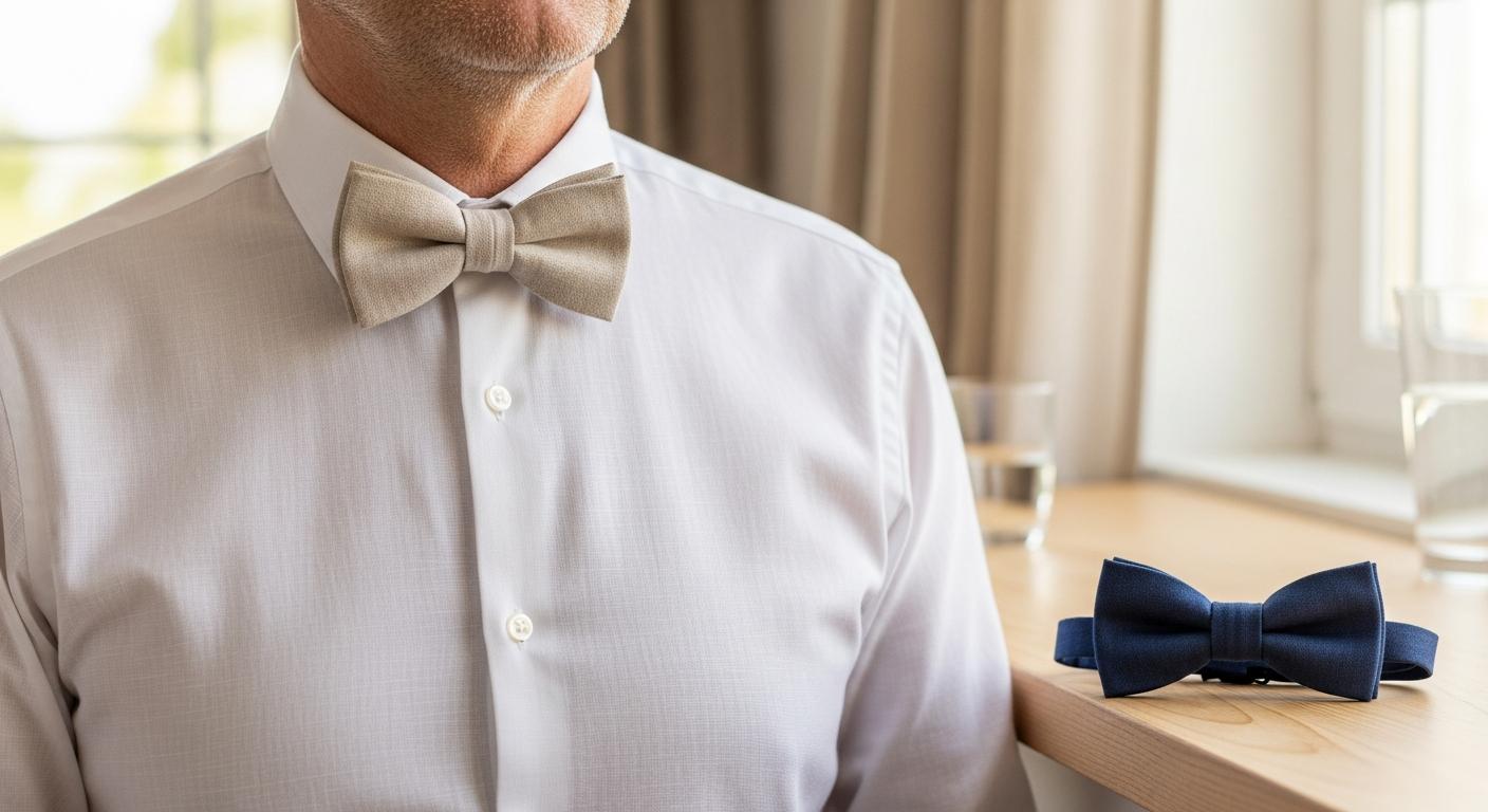 Homme en chemise blanche portant un nœud papillon en lin beige, avec un nœud papillon en coton bleu marine posé sur une table en bois dans une lumière douce d’été Image
