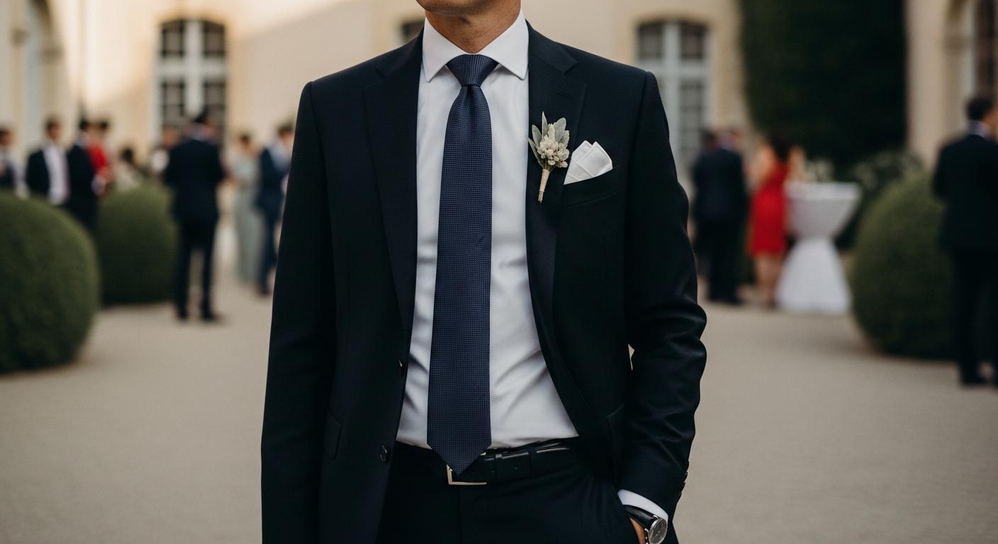 Homme en costume noir avec chemise blanche et cravate élégante lors d’un mariage, cadrage mi-corps en lumière douce