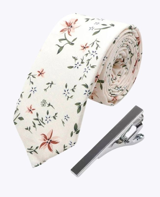 Cravate + Pince à Cravate Liberty Blanc n°8 Homme en Coton «Charles»