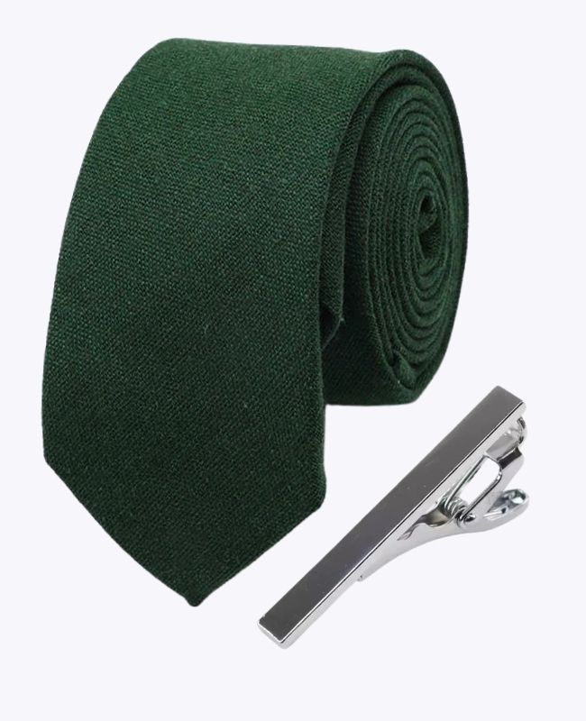 Cravate + Pince à Cravate Vert n°2 Homme en Lin «Basile»