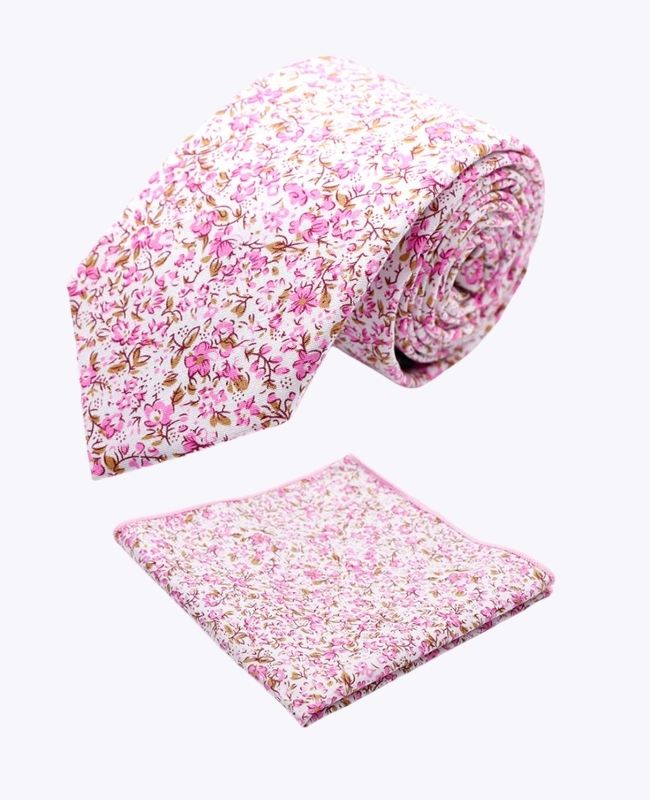 Cravate + Pochette de Costume Liberty Rose n°4 Homme en Coton «Gaspard»