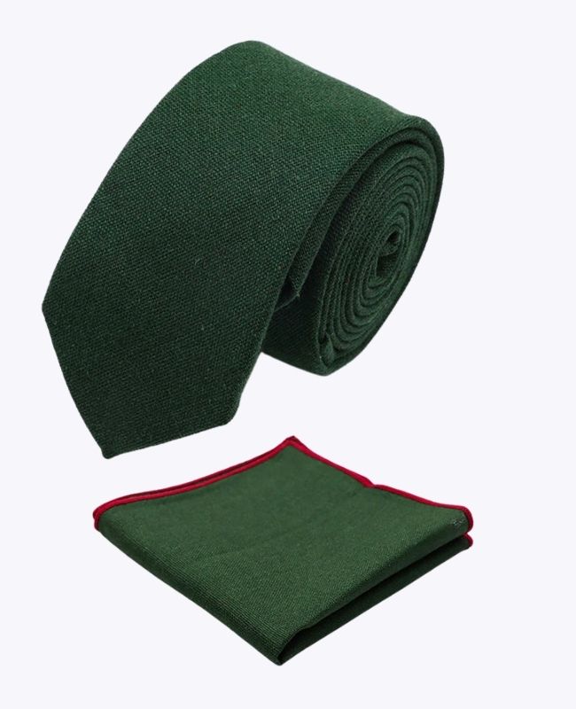 Cravate + Pochette de Costume Vert n°2 Homme en Lin «Basile»