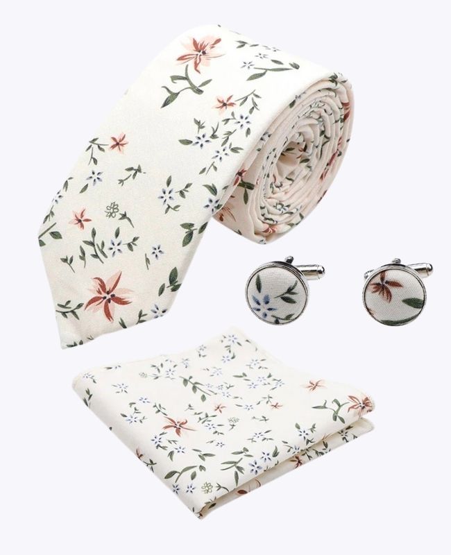 Cravate + Pochette de Costume + Boutons de Manchette Liberty Blanc n°8 Homme en Coton «Charles»