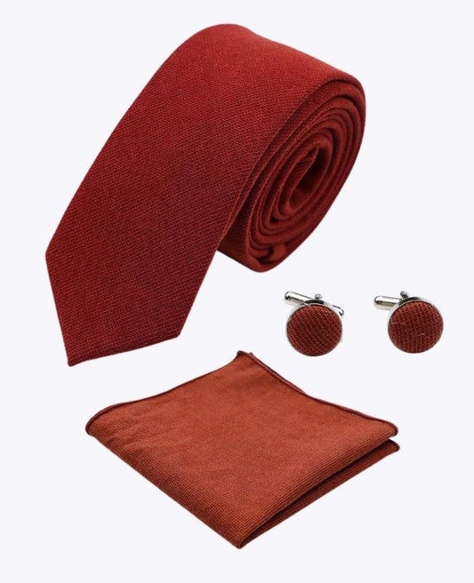 Cravate + Pochette de Costume + Boutons de Manchette Terracotta Homme en Coton «Edgard»