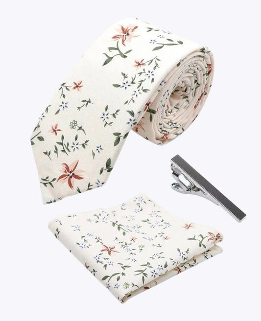 Cravate + Pochette de Costume + Pince à Cravate Liberty Blanc n°8 Homme en Coton «Charles»