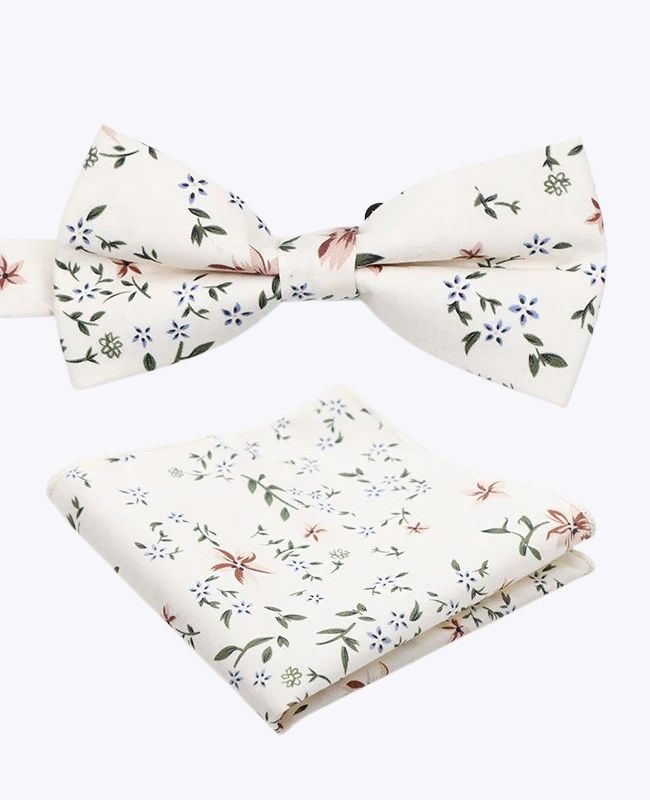 Noeud Papillon + Pochette de Costume Liberty Blanc n°8 Homme en Coton «Charles»