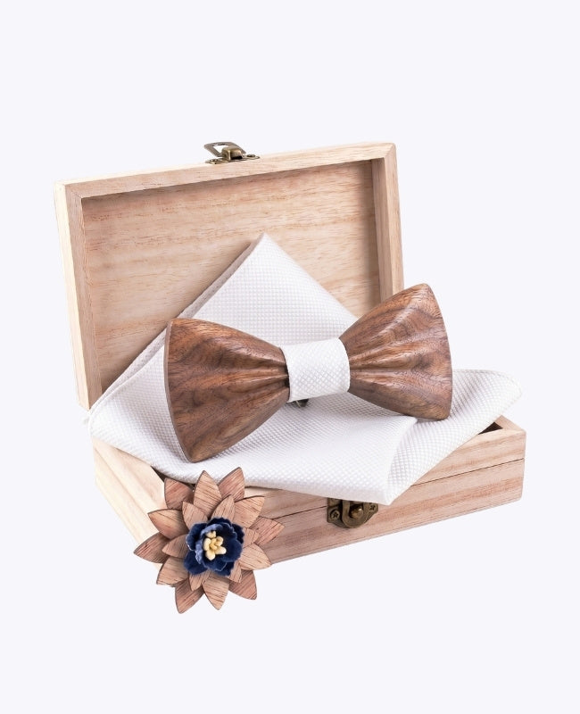 Coffret Noeud Papillon Blanc Homme en Bois Foncé «Hippolyte»