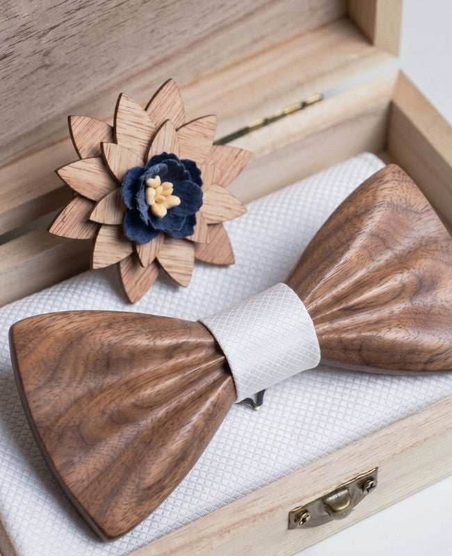 Coffret Noeud Papillon Blanc Homme en Bois Foncé «Hippolyte»