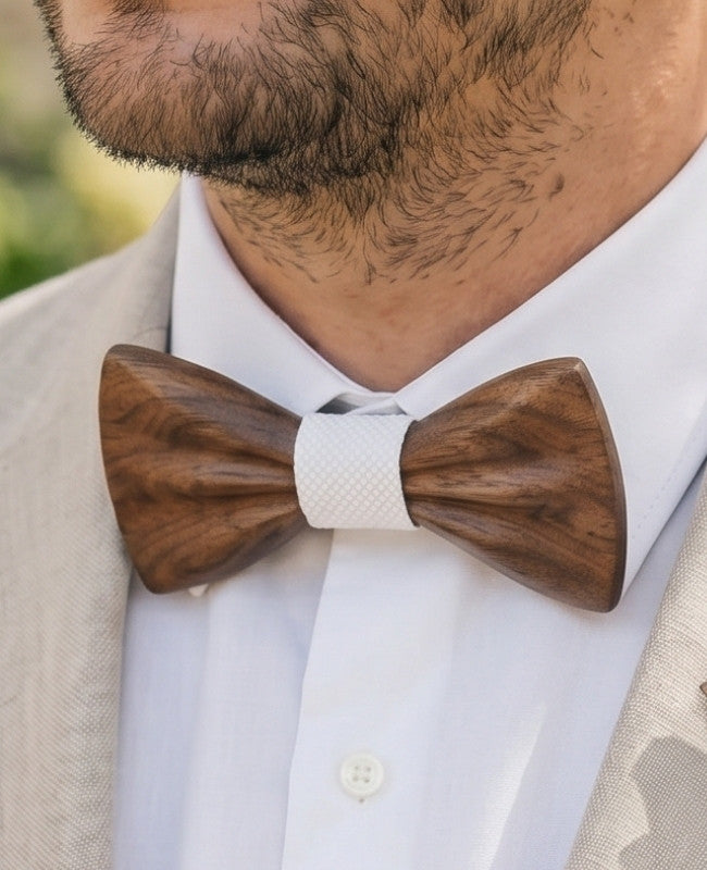 Coffret Noeud Papillon Blanc Homme en Bois Foncé «Hippolyte»