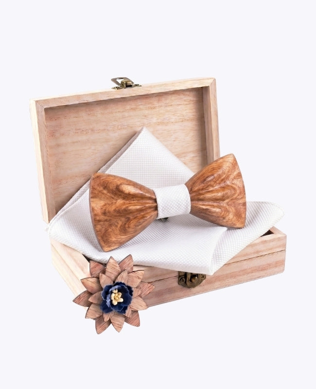 Coffret Noeud Papillon Blanc Homme en Bois «Hippolyte»