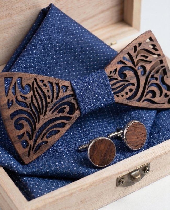 Coffret Noeud Papillon Bleu Homme en Bois «Baptiste»