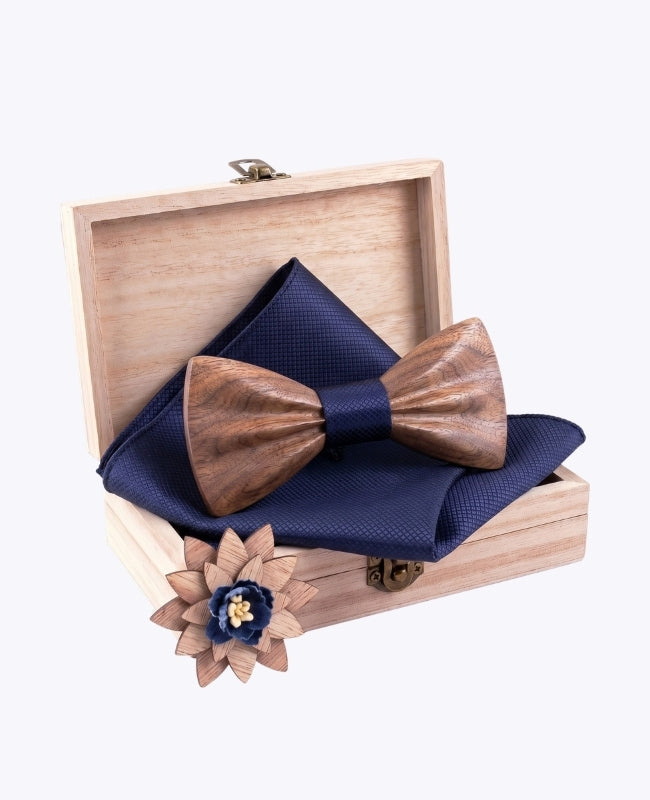 Coffret Noeud Papillon Bleu Homme en Bois Foncé «Hippolyte»