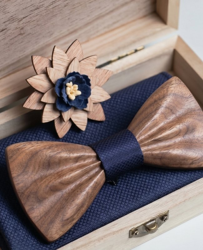 Coffret Noeud Papillon Bleu Homme en Bois Foncé «Hippolyte»