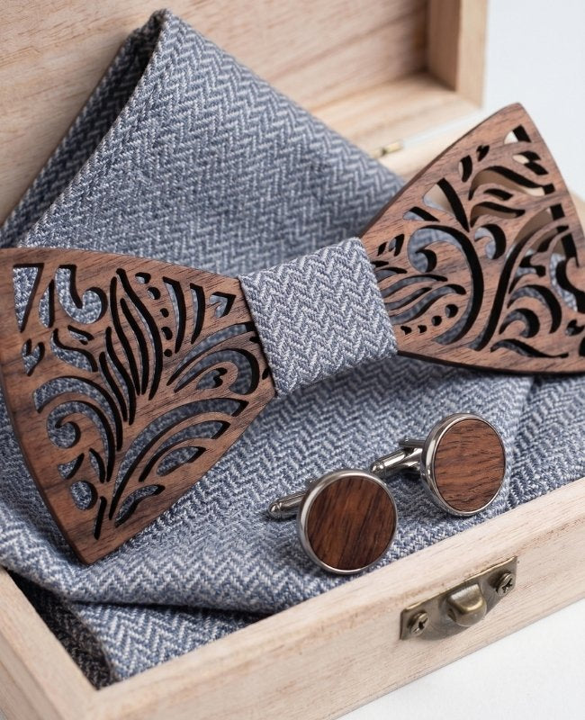 Coffret Noeud Papillon Gris Homme en Bois «Baptiste»