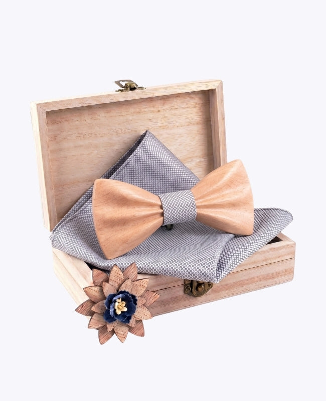 Coffret Noeud Papillon Gris Homme en Bois Clair «Hippolyte»