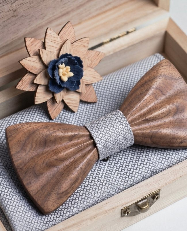 Coffret Noeud Papillon Gris Homme en Bois Foncé «Hippolyte»
