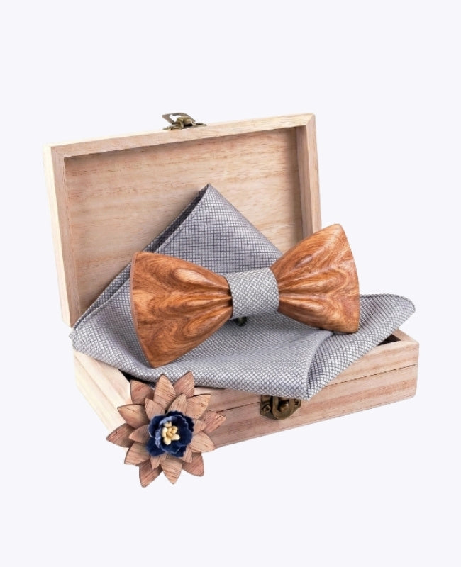 Coffret Noeud Papillon Gris Homme en Bois «Hippolyte»