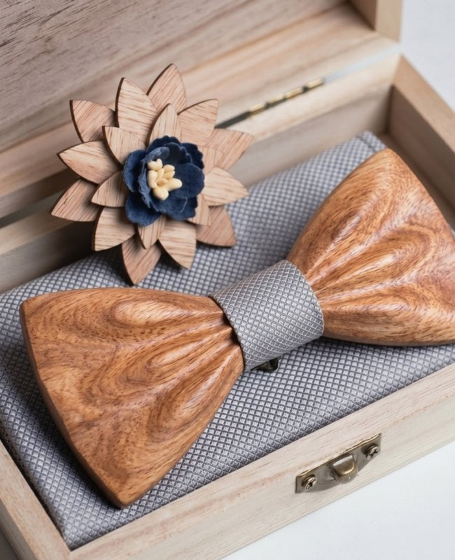 Coffret Noeud Papillon Gris Homme en Bois «Hippolyte»