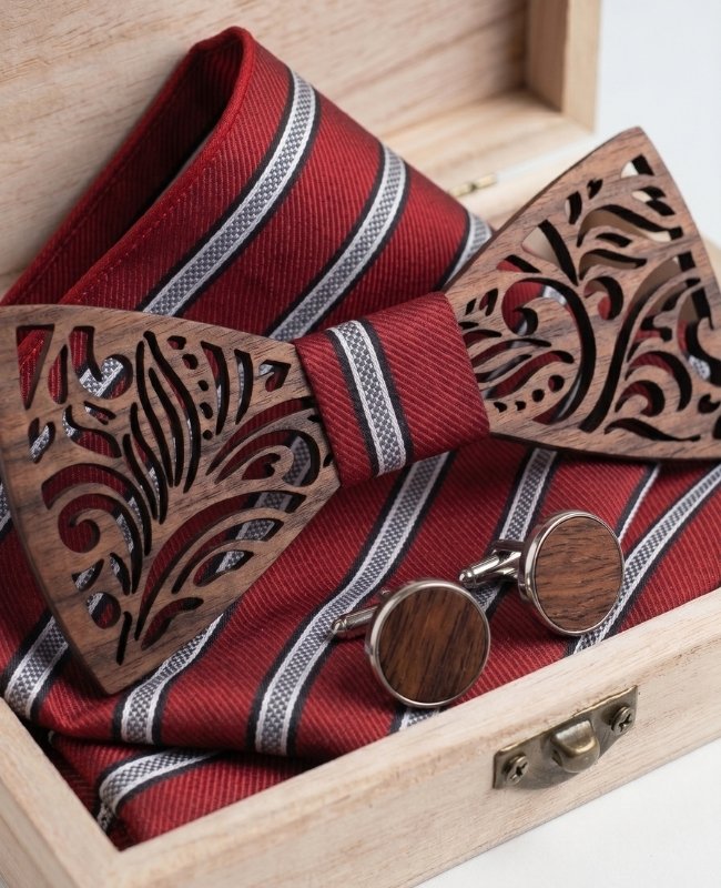 Coffret Noeud Papillon Rouge Homme en Bois «Baptiste»