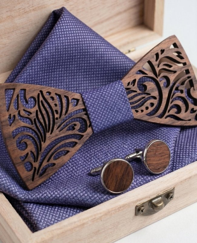 Coffret Noeud Papillon Violet Homme en Bois «Baptiste»