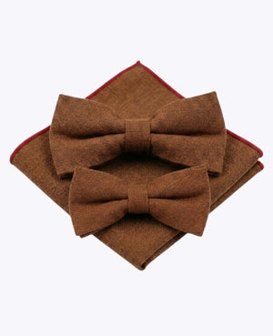 Noeuds Papillon Marron n°1 Père & Fils + Pochette de Costume en Lin «Basile»